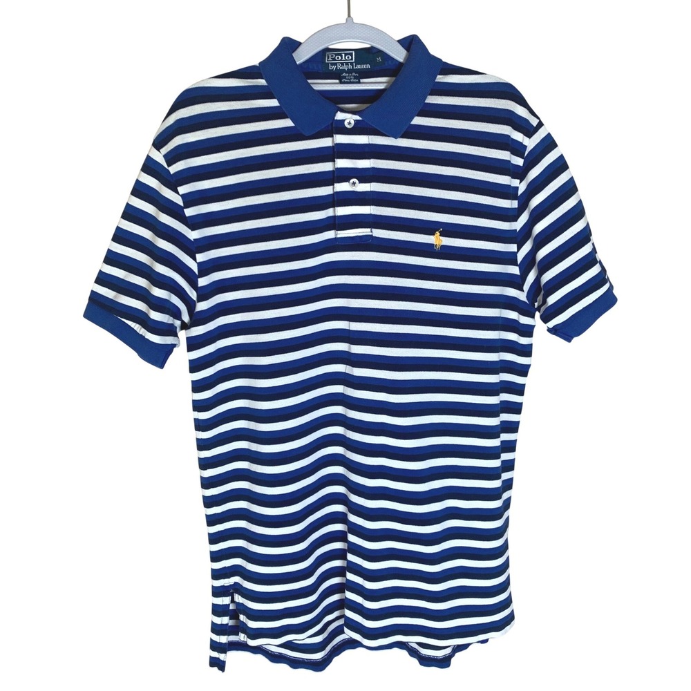 Polo Ralph Lauren Polo Shirt Mens Medium Blue White Striped Pima Cotton Pony